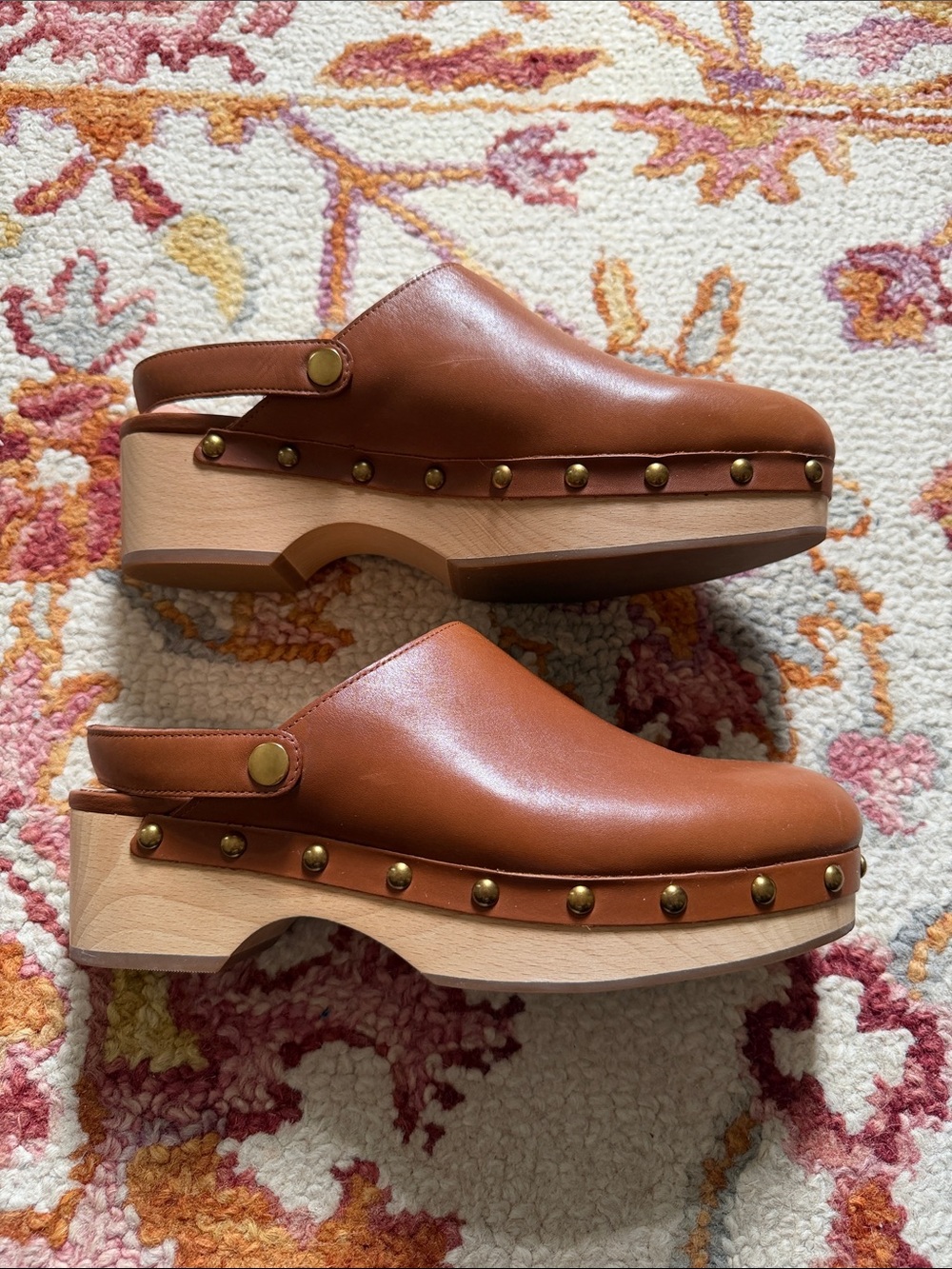 J. Crew Brown Tan Leather Studded Wooden Clogs - Picture 3 of 6